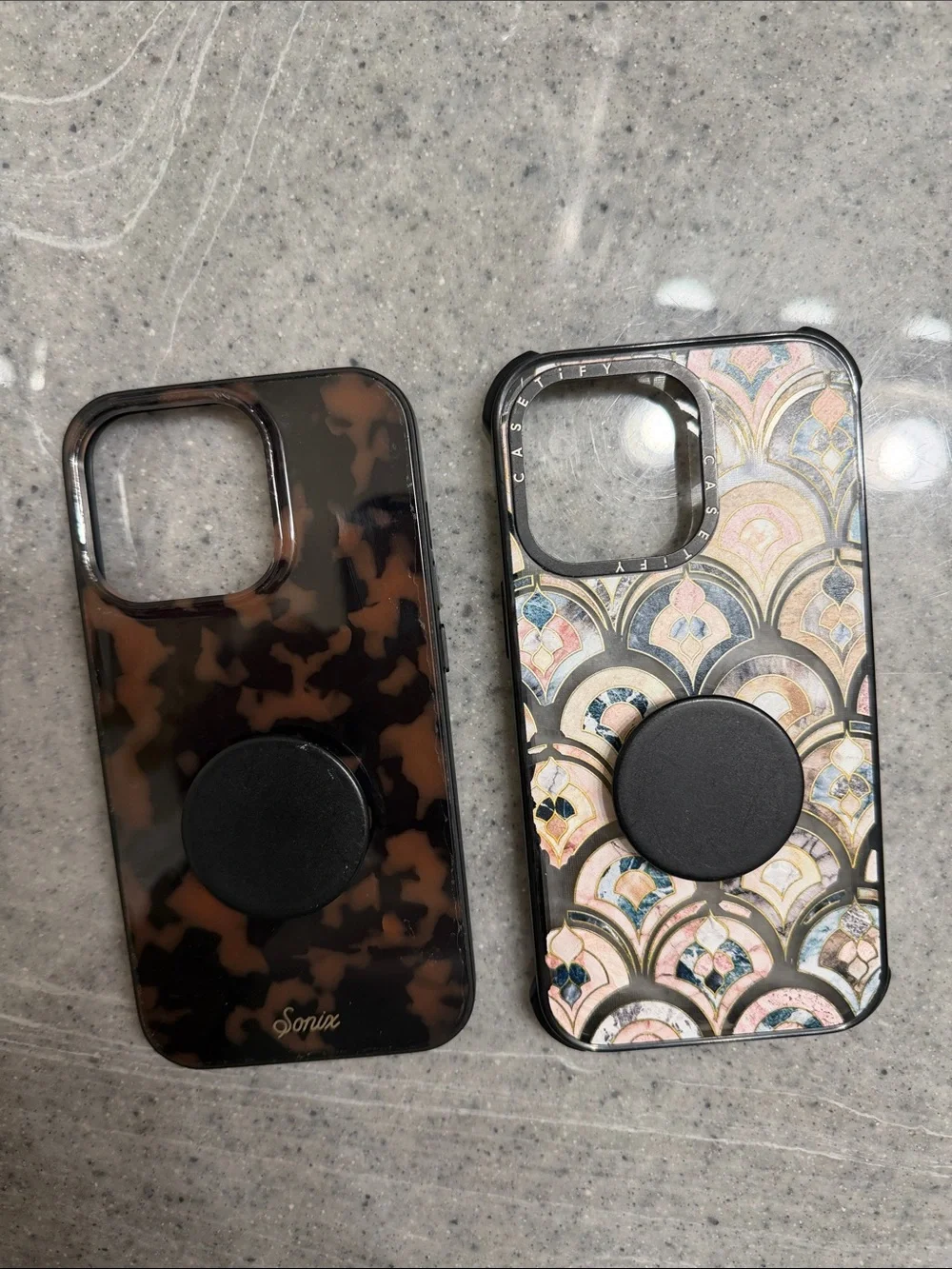iPhone 13 Pro Sonix Tortoise Shell AND Casetify case with Black PopSockets